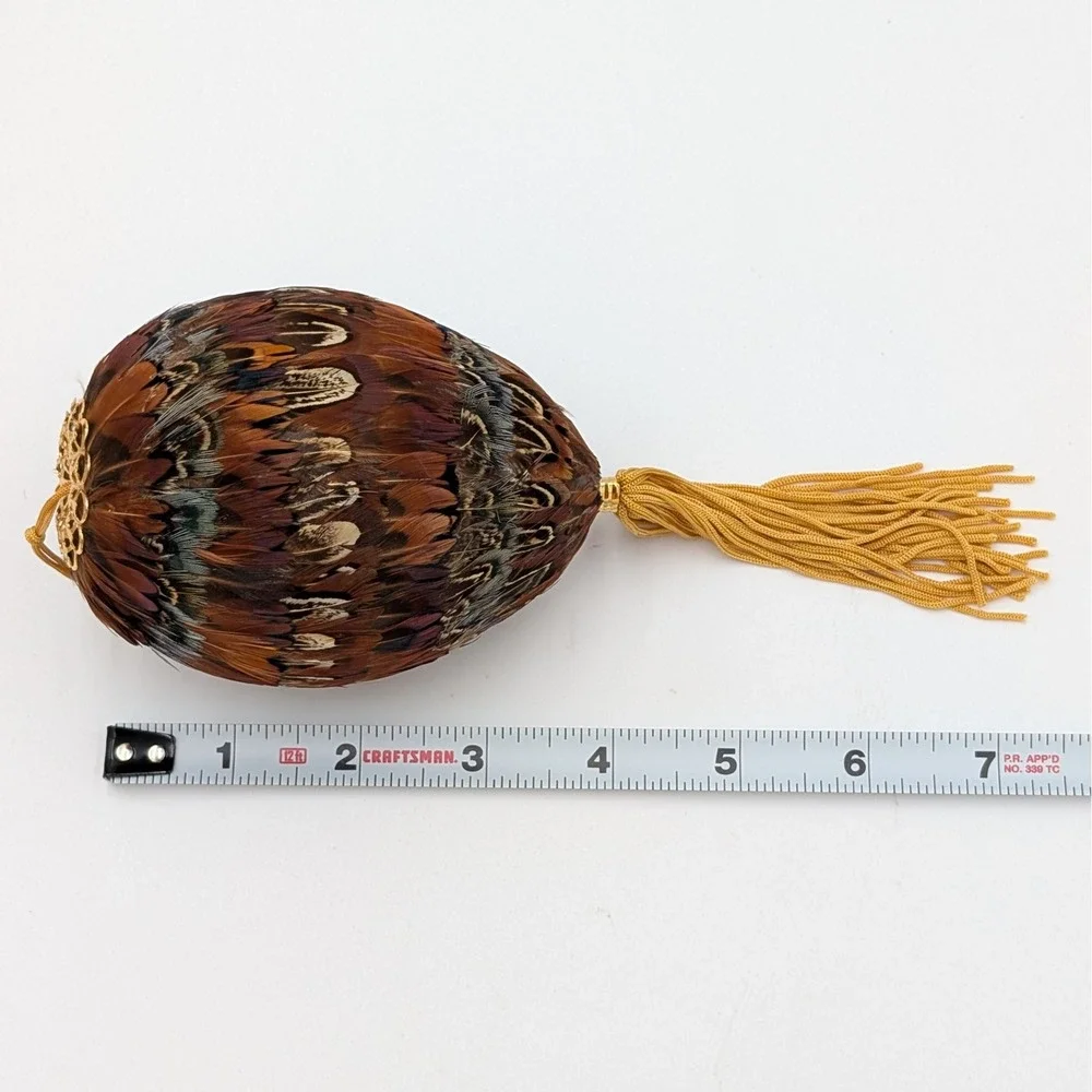Pheasant Feather Egg Ornament with Gold Filigree and Tassel 7.5 Inch